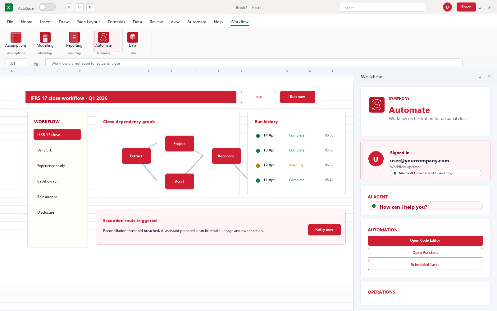 Symphony Automate interface inside Excel showing scheduled workflow runs, status history and on-call owners.